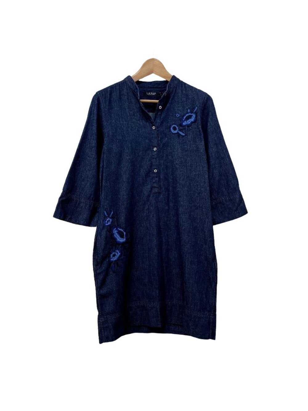 Lauren Ralph Lauren Blue Denim Floral Embroidered Shift Dress sz 6